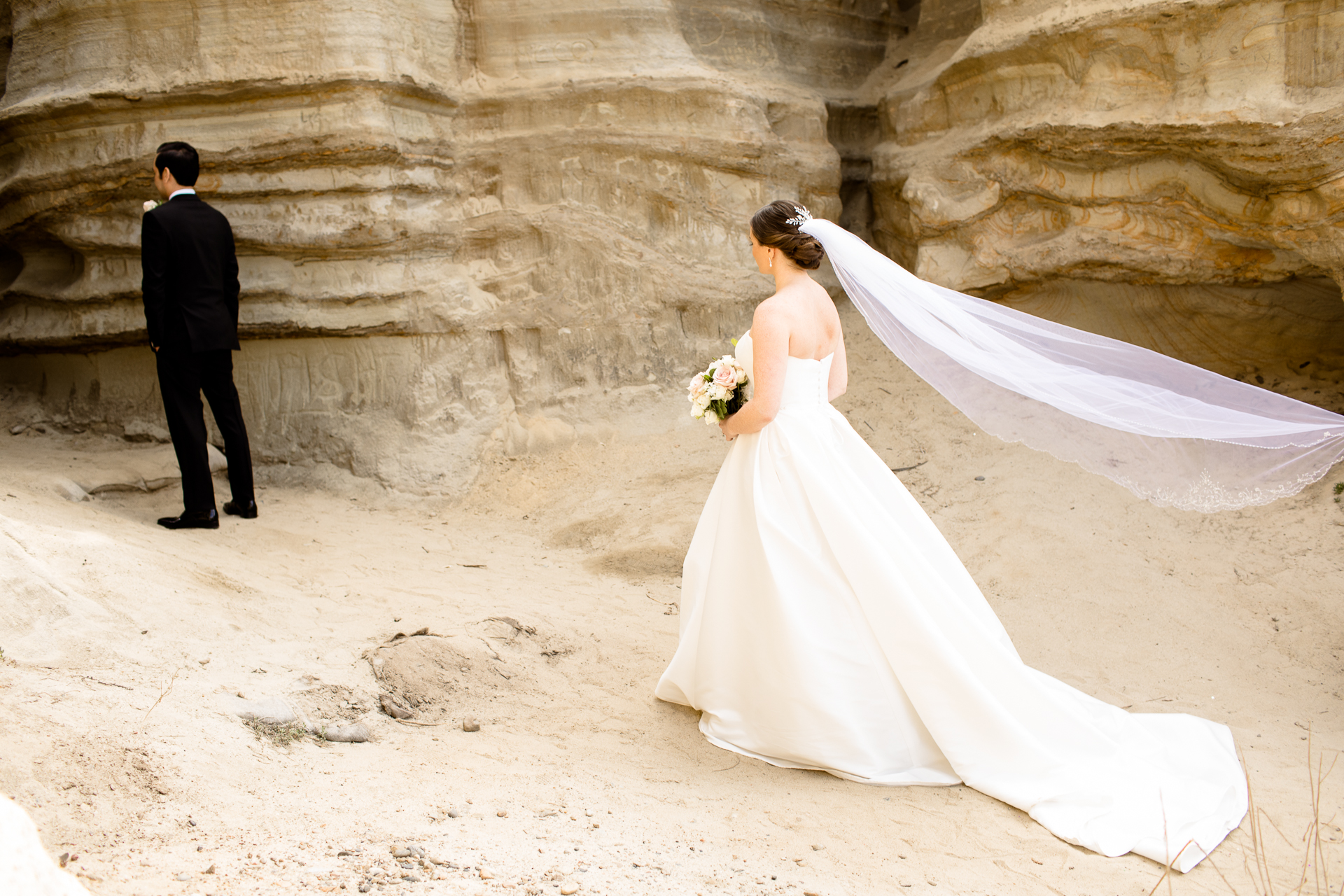 San Clemente beach bride and groom first look