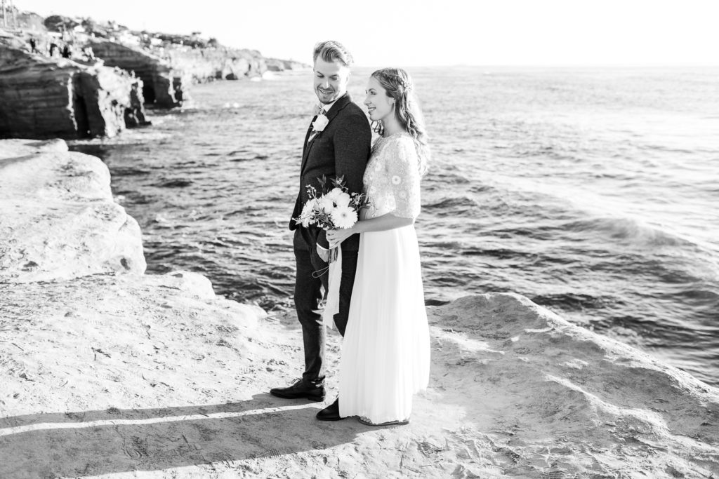sunset cliffs, san diego wedding bride and groom portraits in black and white