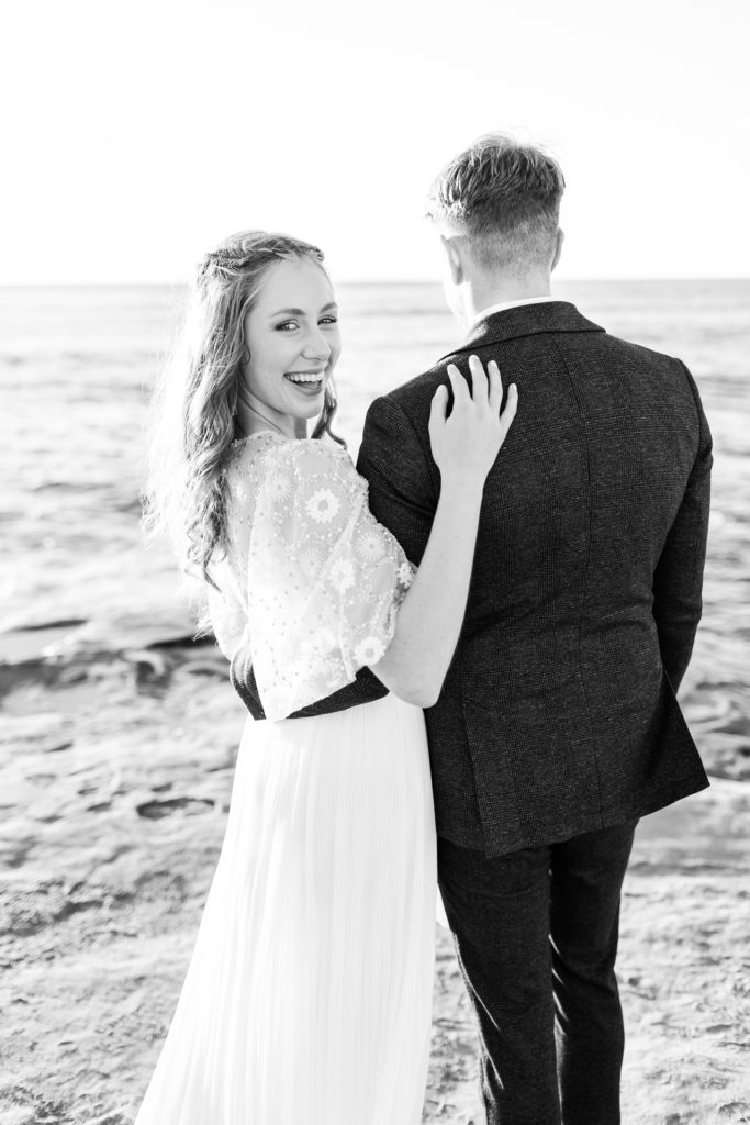 sunset cliffs, san diego wedding bride and groom portraits black and white