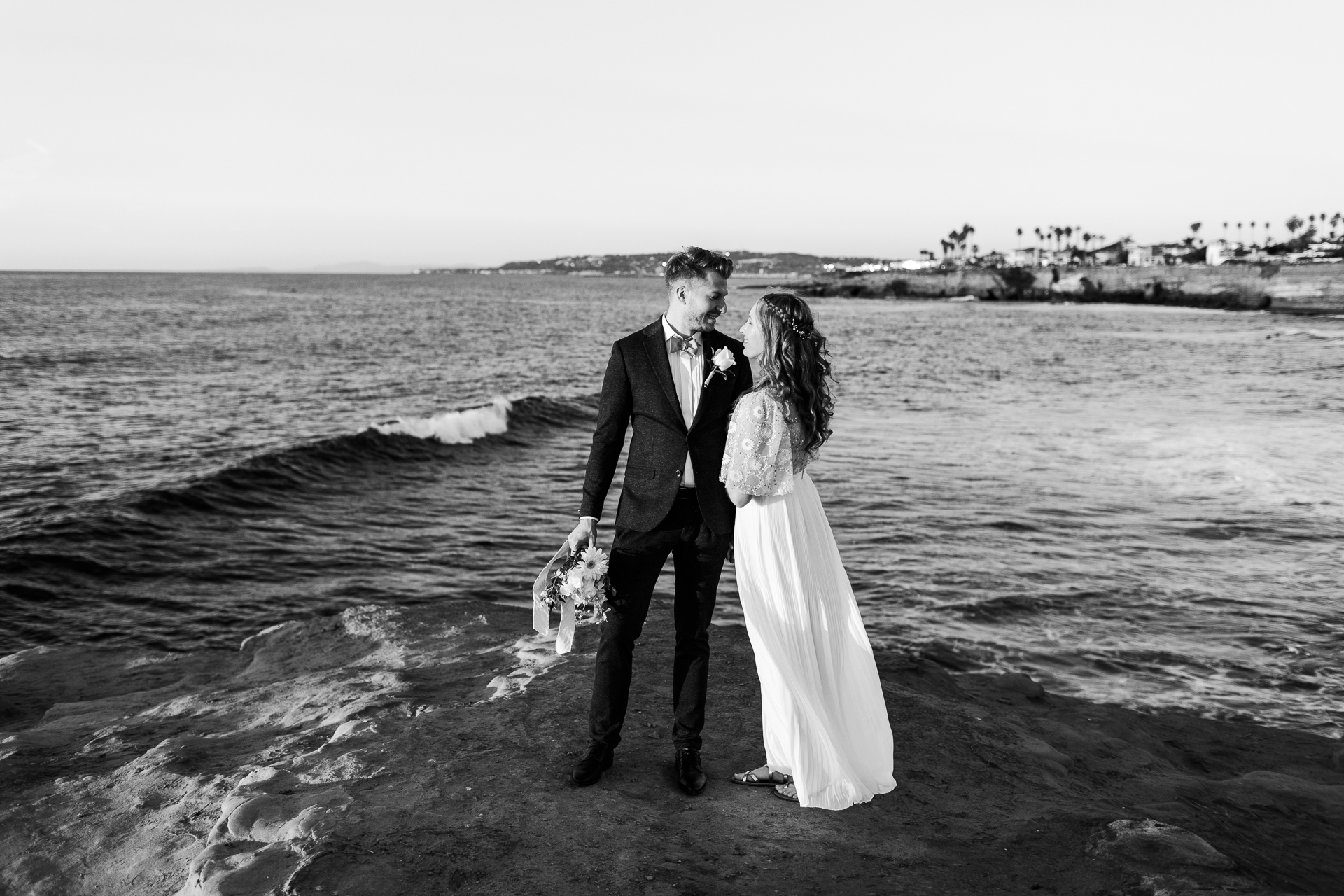 sunset cliffs, san diego wedding bride and groom portraits black and white