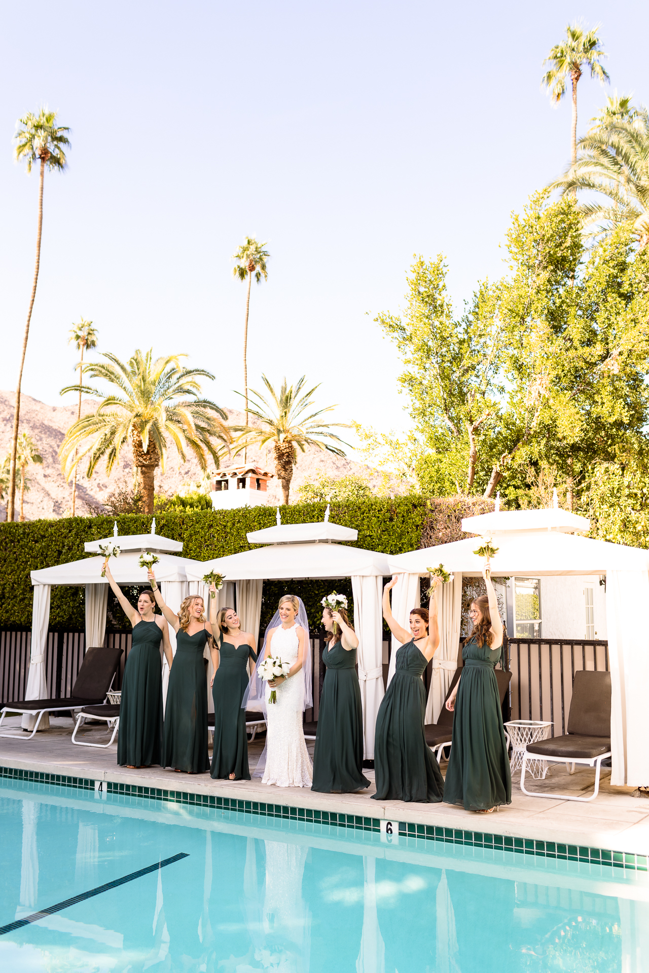 bridesmaids photos Avalon Hotel Wedding, Palm Springs pool