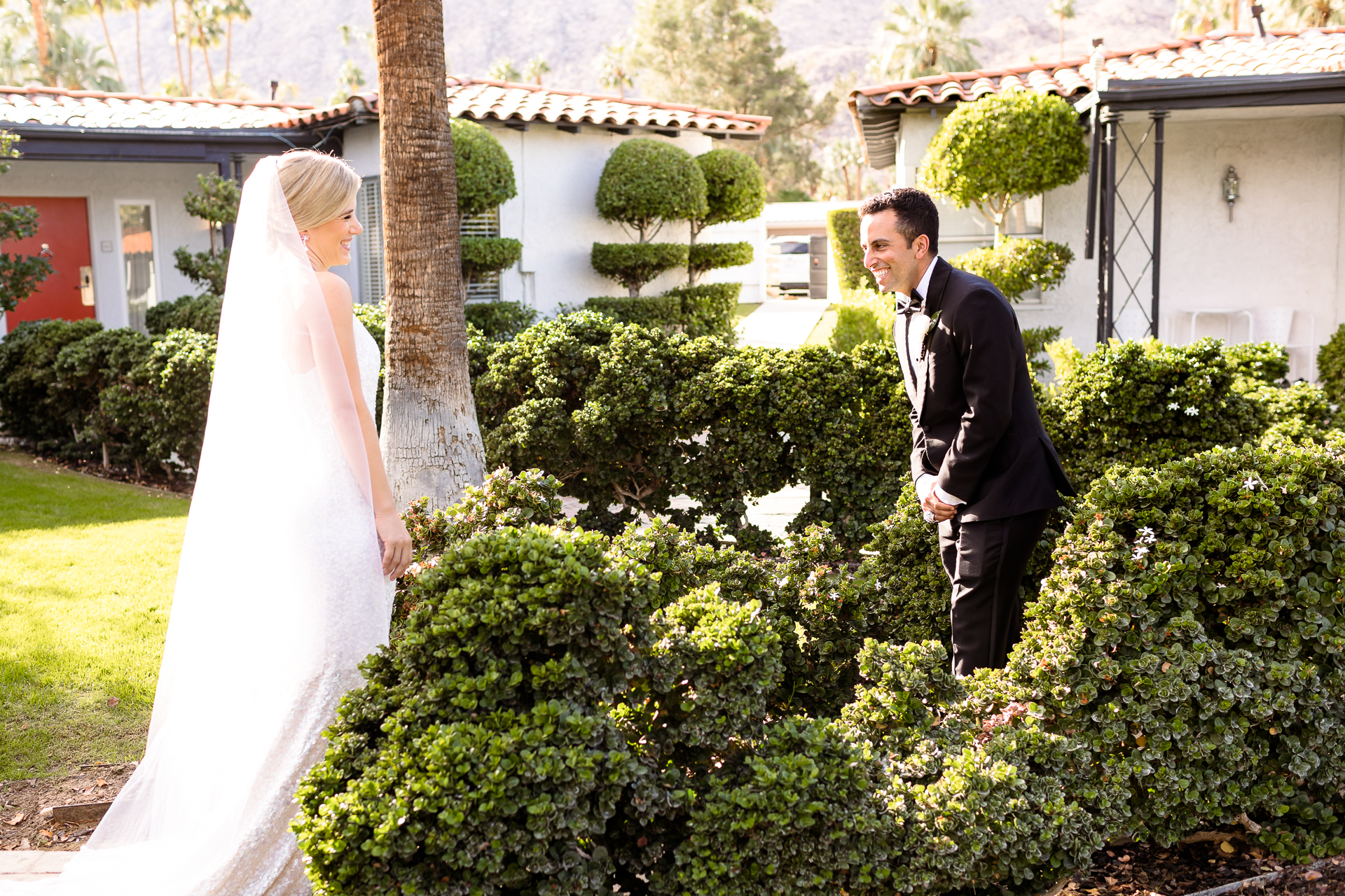 bride and groom first look Avalon Hotel Wedding, Palm Springs