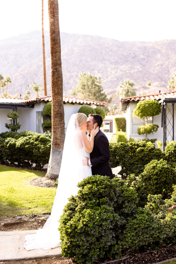 bride and groom first look Avalon Hotel Wedding, Palm Springs