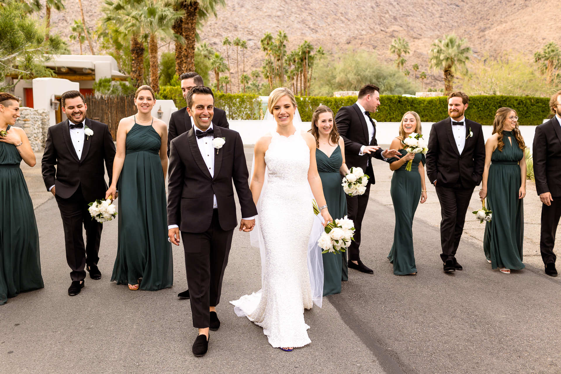 Bridal party portraits in Palm Springs, California - emerald bridesmaids dress inspiration