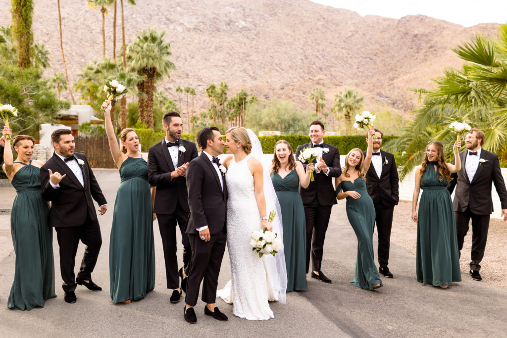 Avalong Hotel Wedding, Palm Springs - emerald bridesmaid dresses black tie bridal party