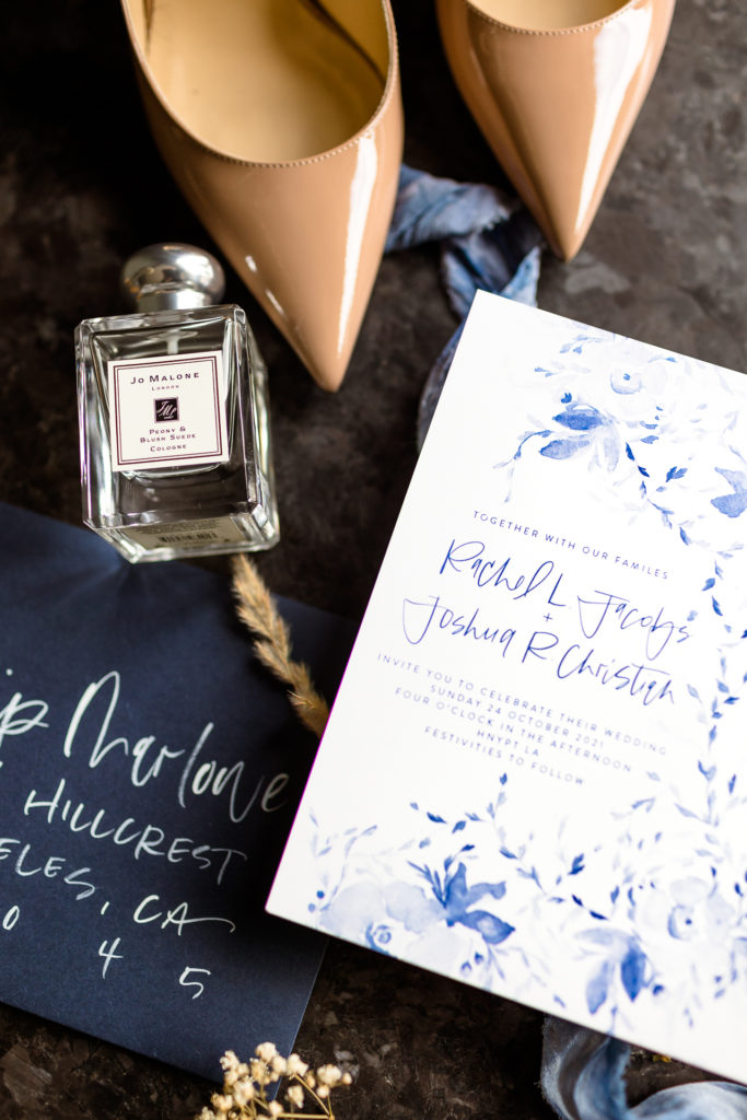 blue wedding color palette, jo malone perfume, jimmy choo shoes, blue watercolor wedding invitations