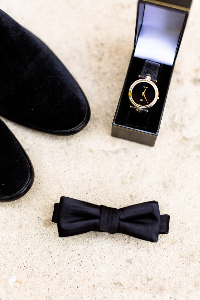 groom's details - gucci watch, bow tie