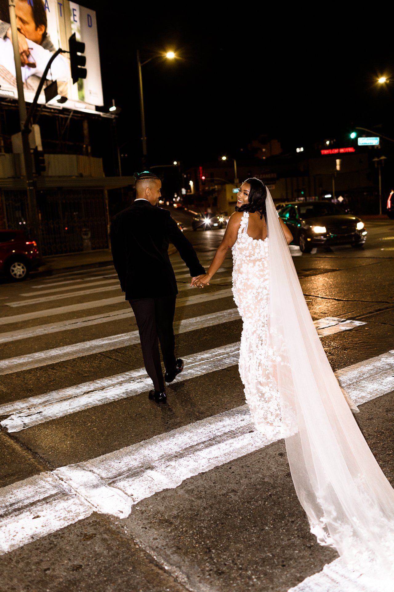 urban city nighttime flash photos of bride and groom