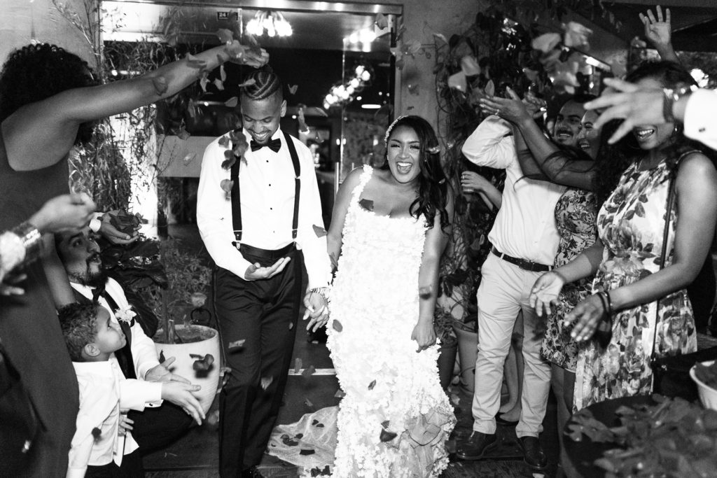 rose petal bride and groom exit, madera kitchen wedding photos