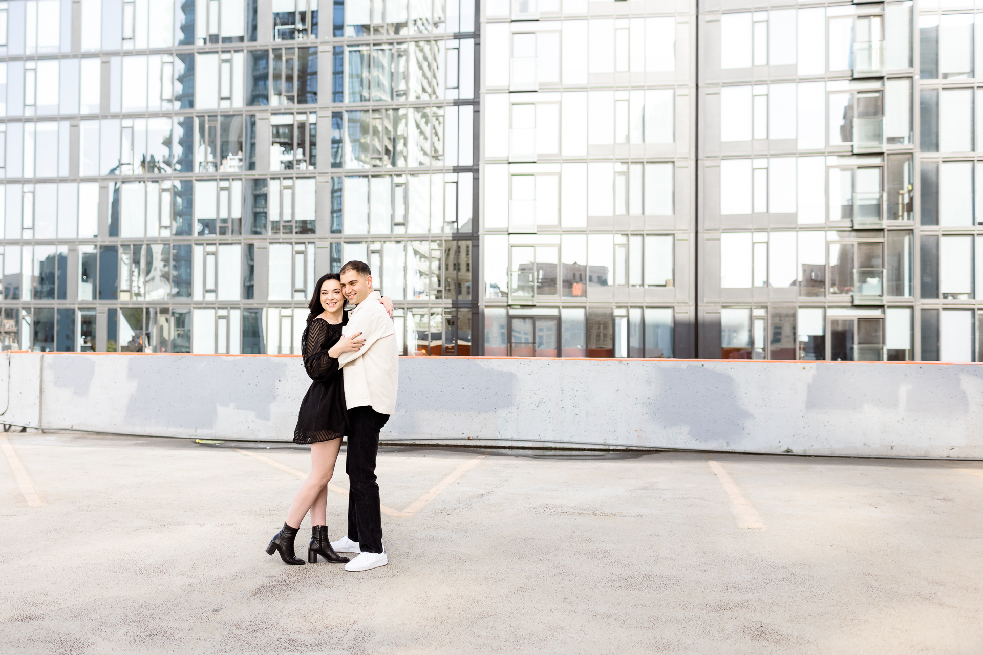 downtown los angeles engagment photoshoot, black dress, rooftop couples photos