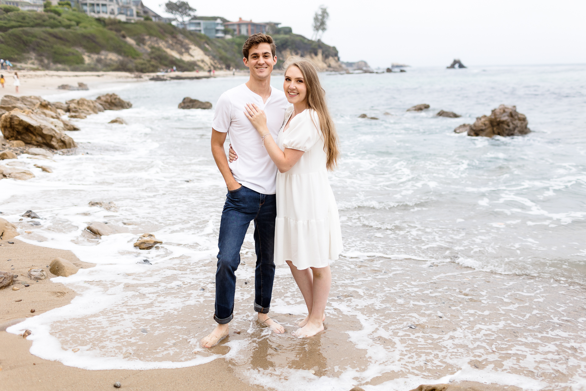 Little Corona Del Mar engagement photoshoot, white dress for engagement photos, beach couples photos