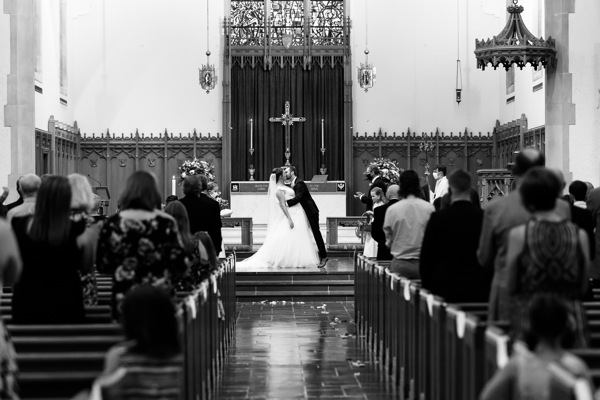 hickory north carolina wedding photography, holy trinity lutheran church wedding, black and white first kiss wedding
