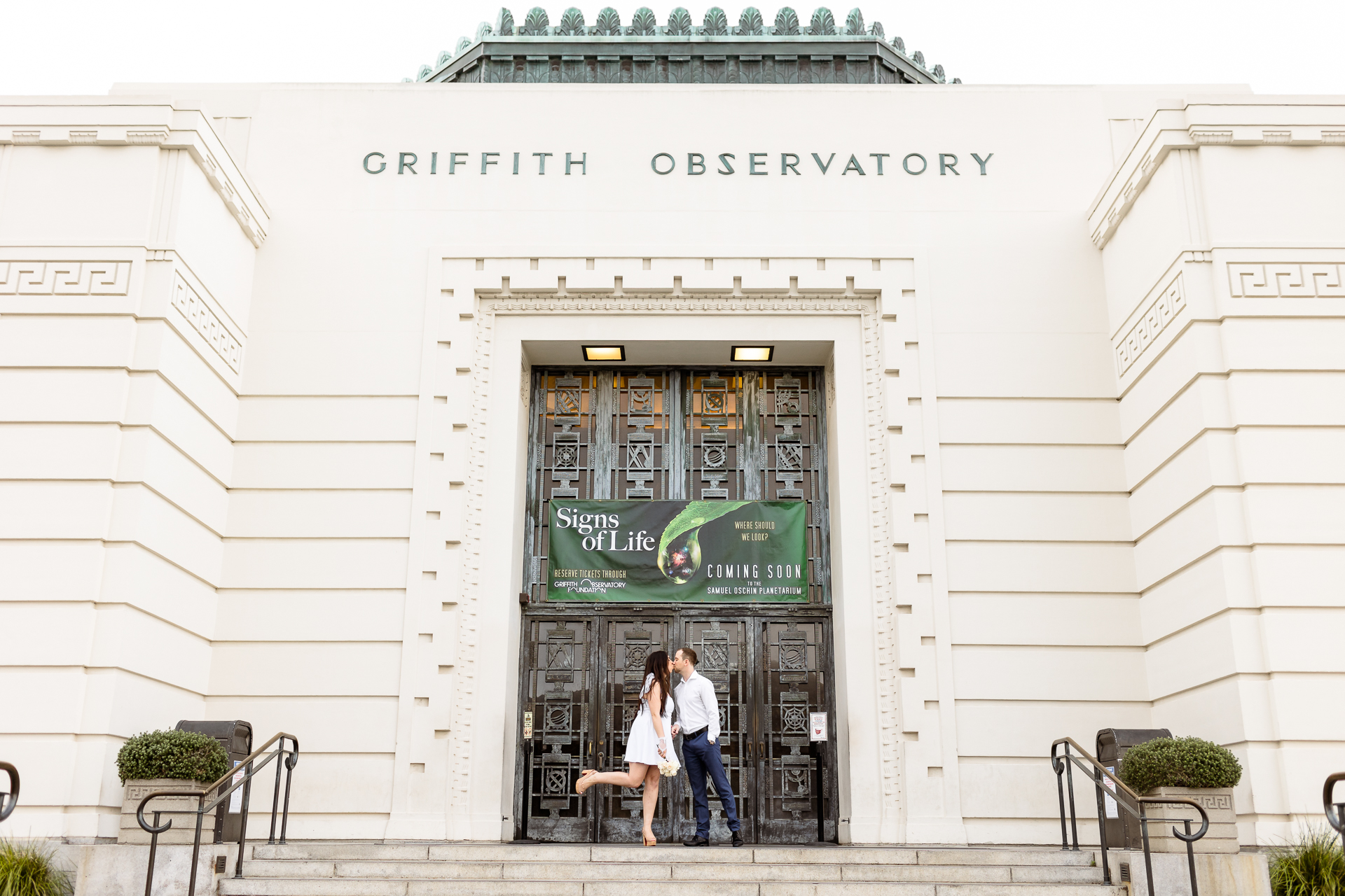 engagement photos at griffith observatory, short white dress for engagement photos