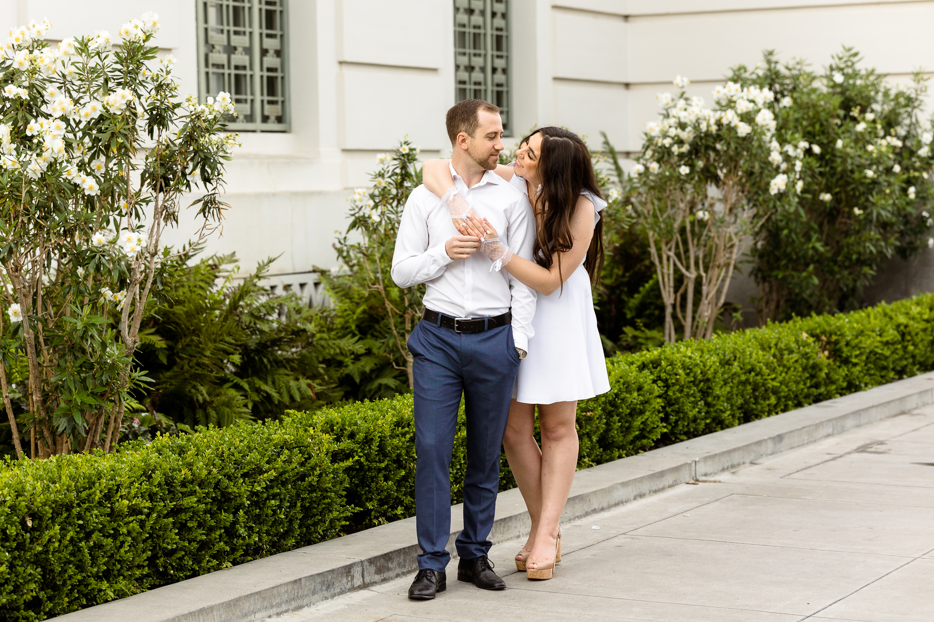 engagement photos at griffith observatory, short white dress for engagement photos