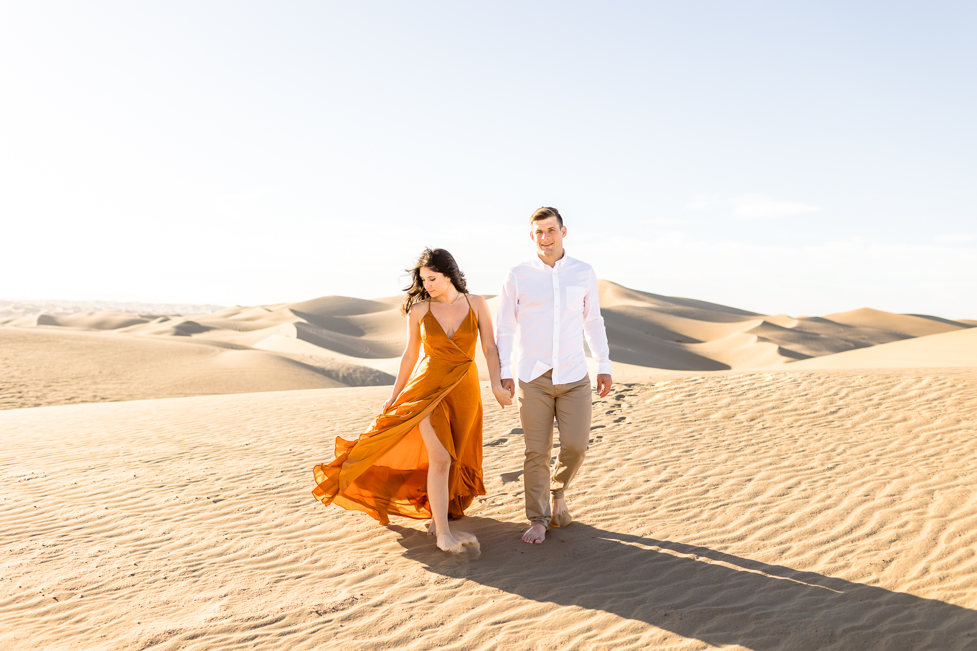 imperial sand dunes engagement photography, orange reformation dress